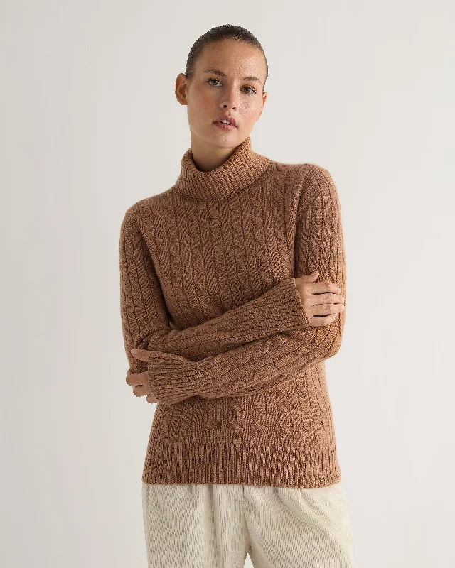 Women's Fashion Essentials Women's Adelyn Cable Turtle Cashmere Sweater Dark Camel Brown