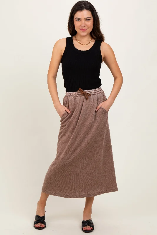 Women's Seasonal Wardrobe Clothing Mocha Terry Drawstring Midi Skirt