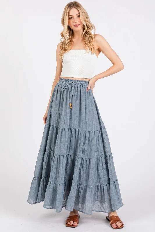 Boutique Dress Online Blue Drawstring Tiered Maxi Skirt