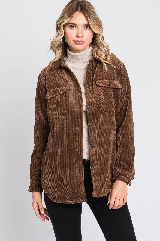 Women's Athleisure Apparel Brown Corduroy Plaid Fleece Lined Button Down Shacket