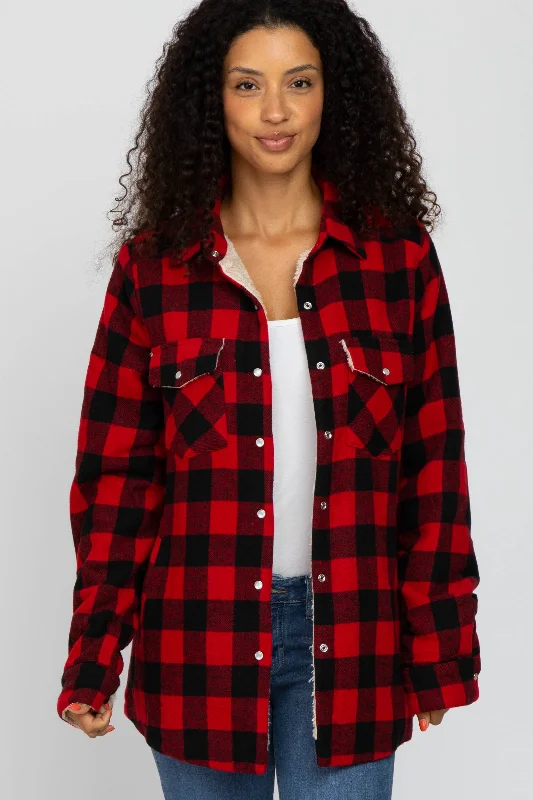 Affordable Trendy Clothes For Women Red Black Plaid Sherpa Lined Jacket