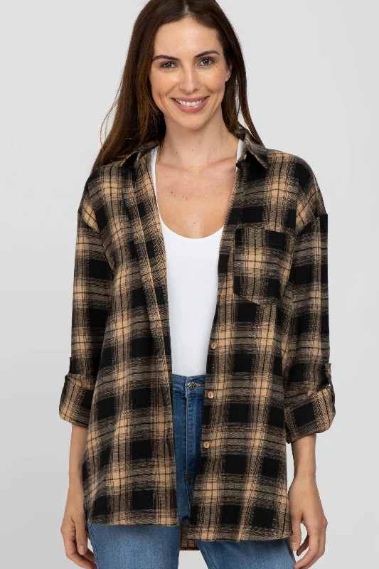 Sustainable Women's Clothes Taupe Black Plaid Button Down Top