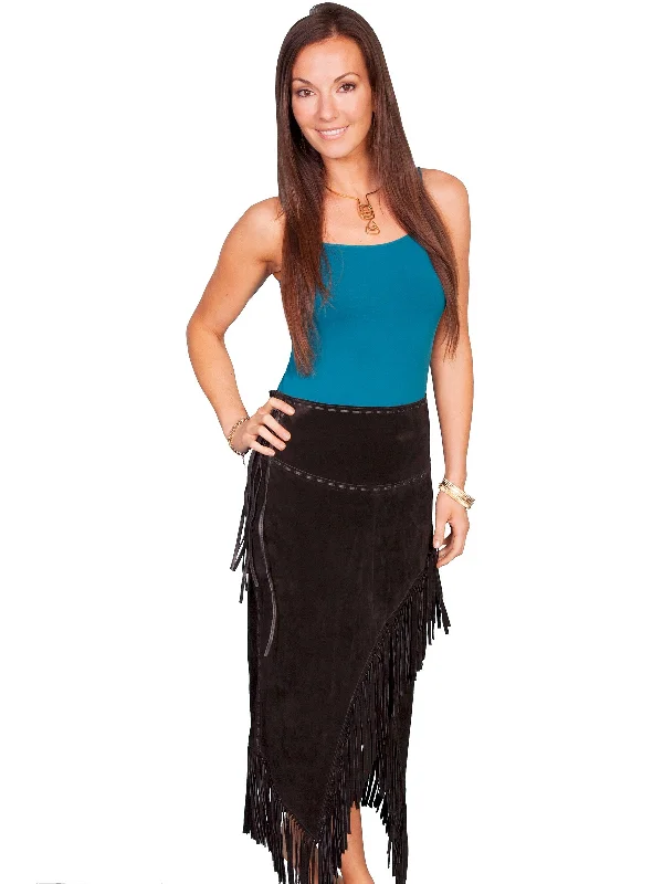 Online Boutiques Affordable Scully Leather Womens Long Boar Suede Tie Side Fringe Skirt Black