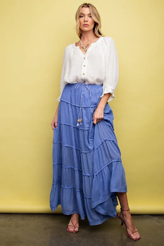 Elegant Women's Fashion Periwinkle Drawstring Tiered Maxi Skirt