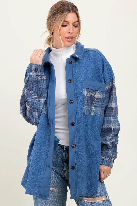 Women's Chic Apparel Blue Plaid Contrast Fleece Shacket