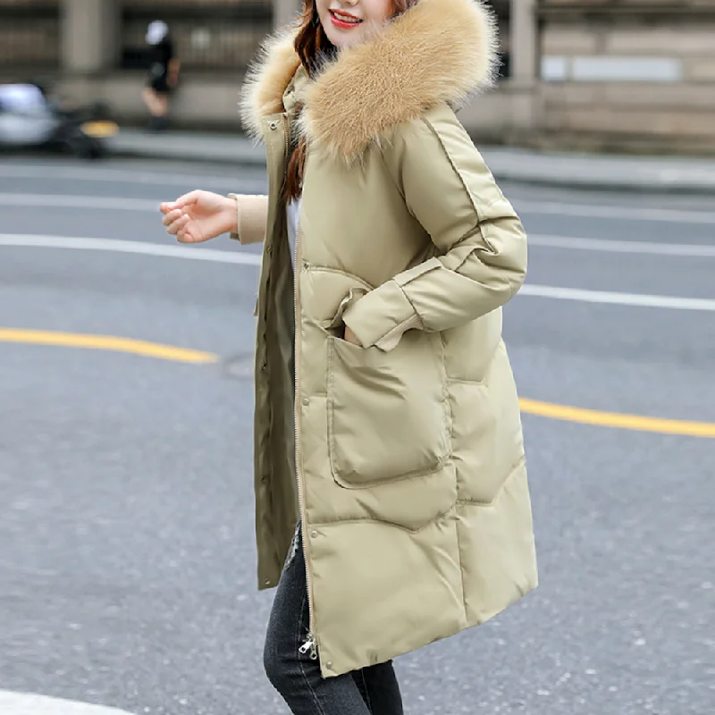 Casual Fashion Trends for Women Womens Mid Length Big Pocket Zipper Jacket with Furry Hood