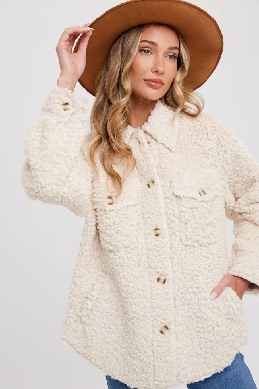 Women's Night-Out Clothes Cream Fuzzy Knit Shirt Jacket