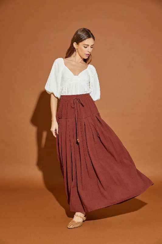 Unique Women's Fashion Pieces Sepia Drawstring Pleated Skirt