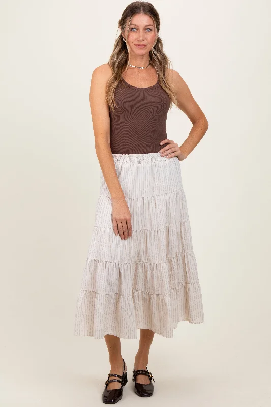 Women Fashion Ivory Striped Tiered Maxi Skirt