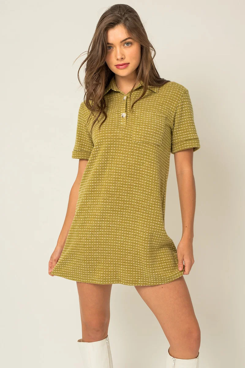 Luxury Women's Fashion Short Sleeve Collar Button Down Knit Mini Dress