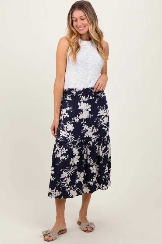 Clothing Online Navy Floral Smocked Waist Midi Skirt