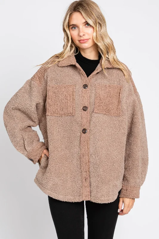 Women's Formal Clothes Mocha Colorblock Fleece Shirt Jacket