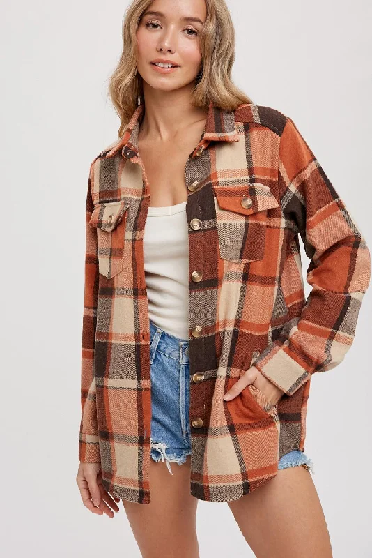 Comfortable Women's Clothes Rust Plaid Shirt Jacket