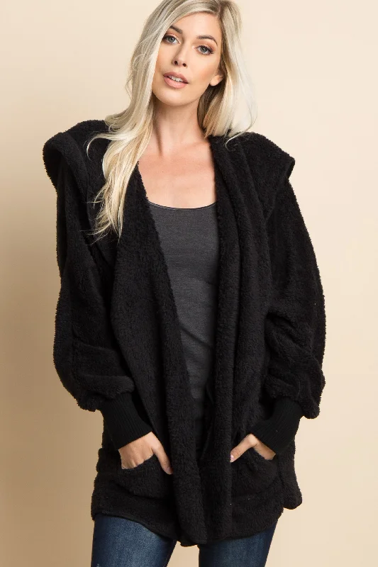 Women's Trendy Casual Clothes Black Fuzzy Hooded Long Sleeve Jacket