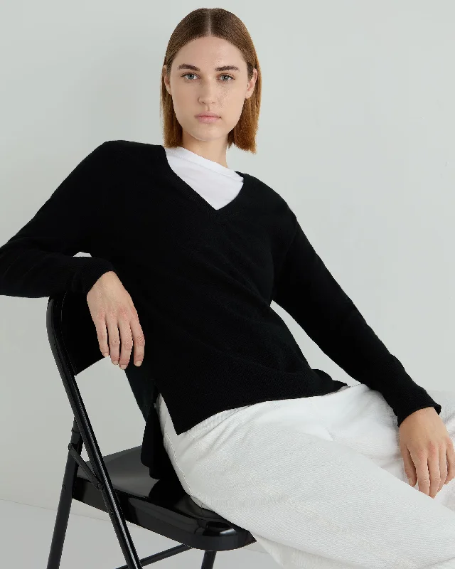 Stylish Outerwear Clothing For Women Women's Relaxed V Neck Cashmere Sweater Black