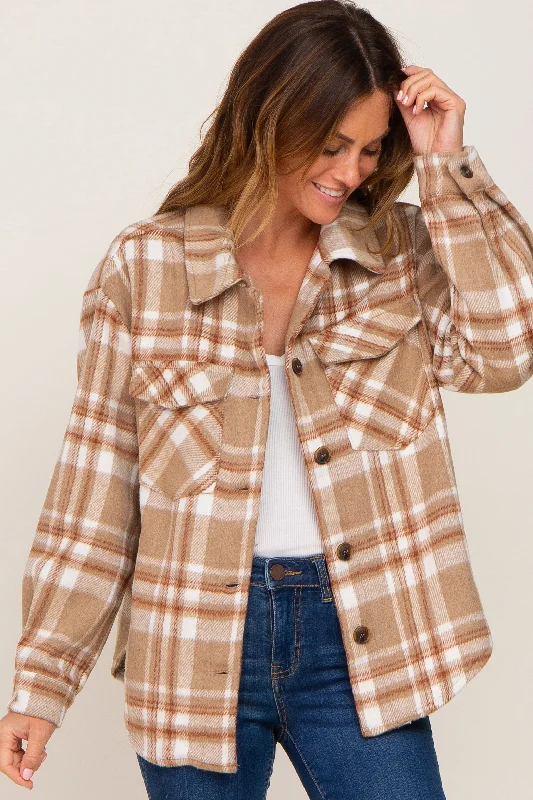 Luxury Women's Clothes Light Mocha Plaid Front Pocket Shacket