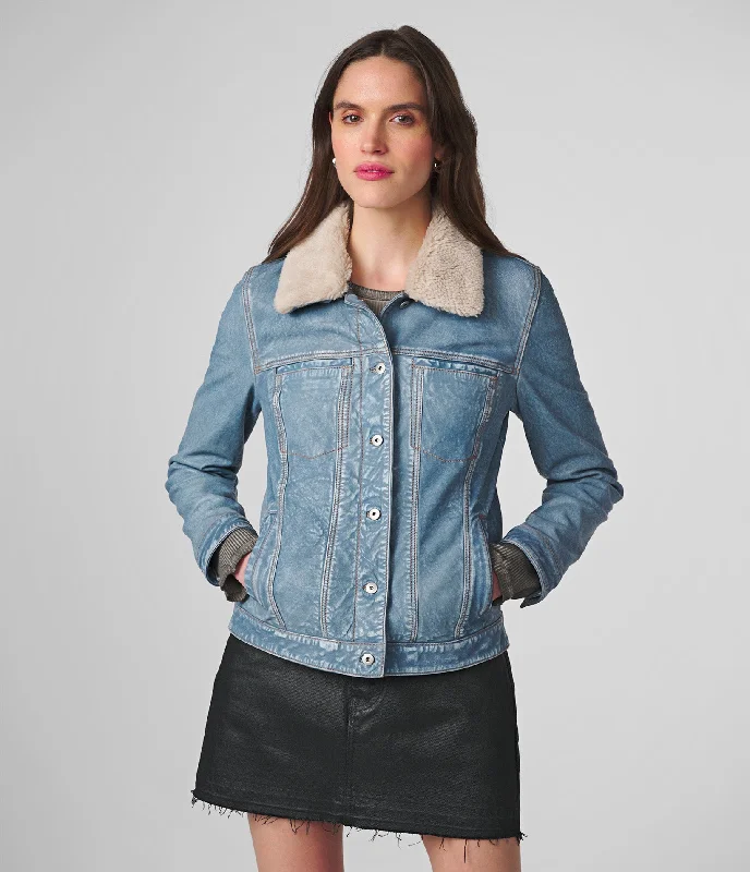 Modern Women's Fashion with Vintage Touches Harley Denim Leather Jacket With Shearling Collar