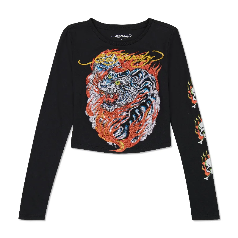 Sustainable Women's Clothing Rhinestone Flaming Tiger Long Sleeve Baby Tee