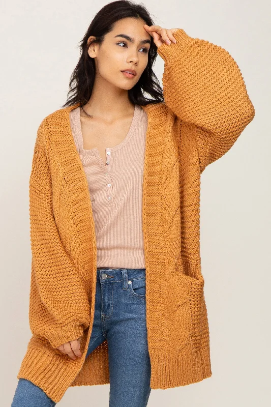 Women's Comfortable Clothes For Weekends Camel Cable Knit Front Pocket Cardigan