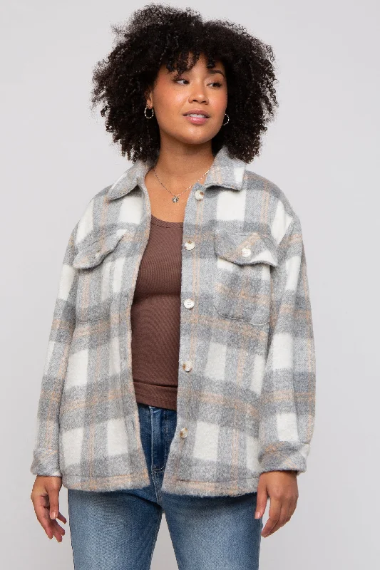 Fashionable Women's Casual Apparel Heather Grey Plaid Fuzzy Button Up Jacket