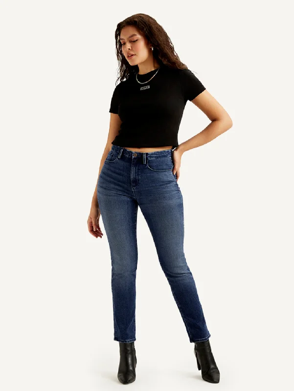 Casual Fashion Trends for Women Women's Mid Rise Straight Fit Dark Blue Jeans