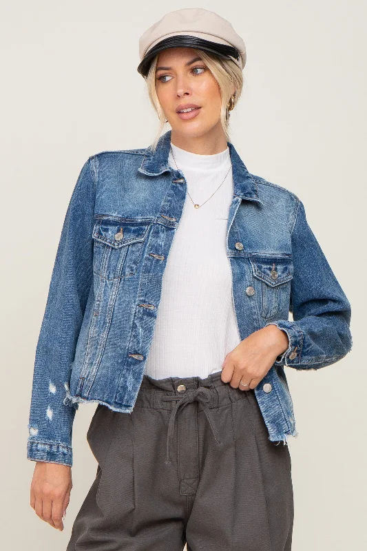 Women's Clothes For Special Occasions Navy Blue Distressed Cropped Denim Jacket