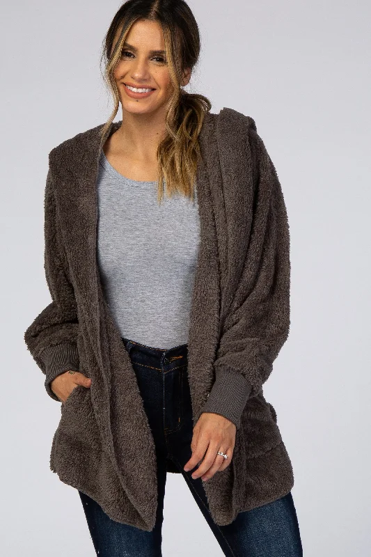 Women's Elegant Clothing Sets Charcoal Fuzzy Hooded Long Sleeve Jacket