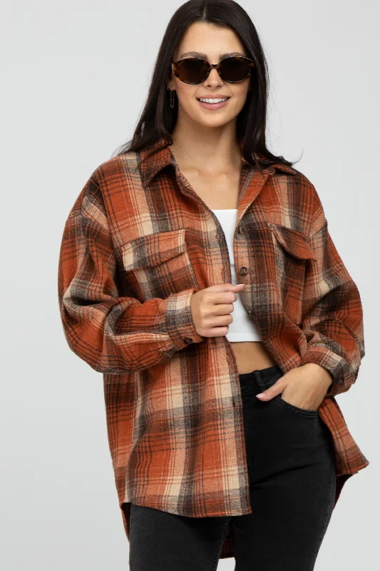 Stylish Outerwear Clothes For Women Rust Plaid Shacket