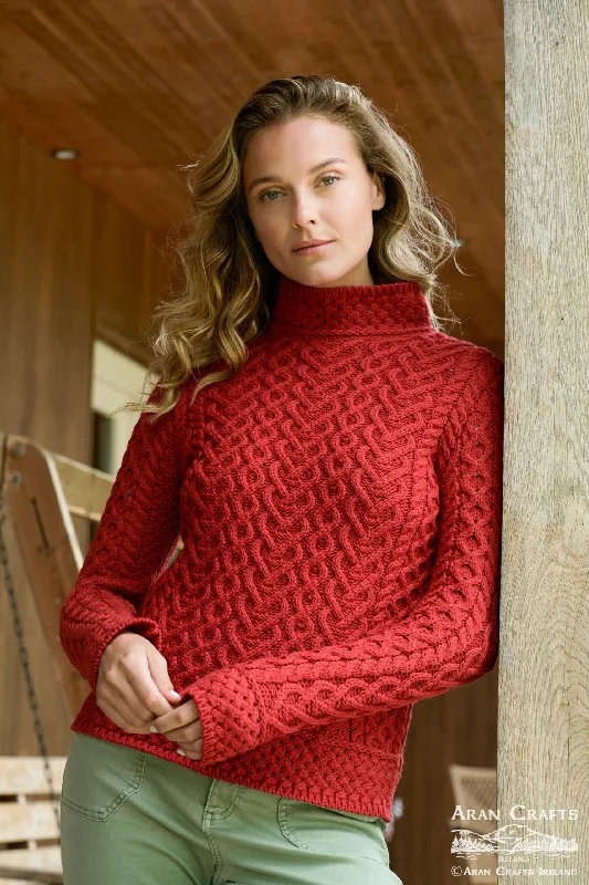 Clothes For Woman Aran Crafts Hearts High Neck Sweater | Red