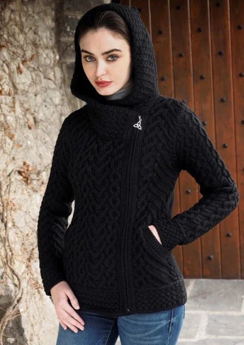 Casual Outfit For Women Aran Crafts Side Zip Hooded Cardigan | Black