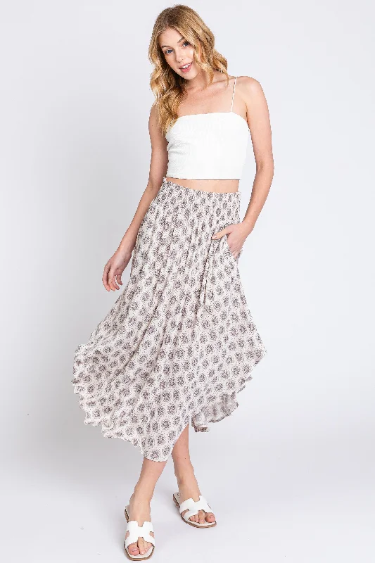 Best Boutiques Online Grey Damask Print Smocked Waistband Midi Skirt