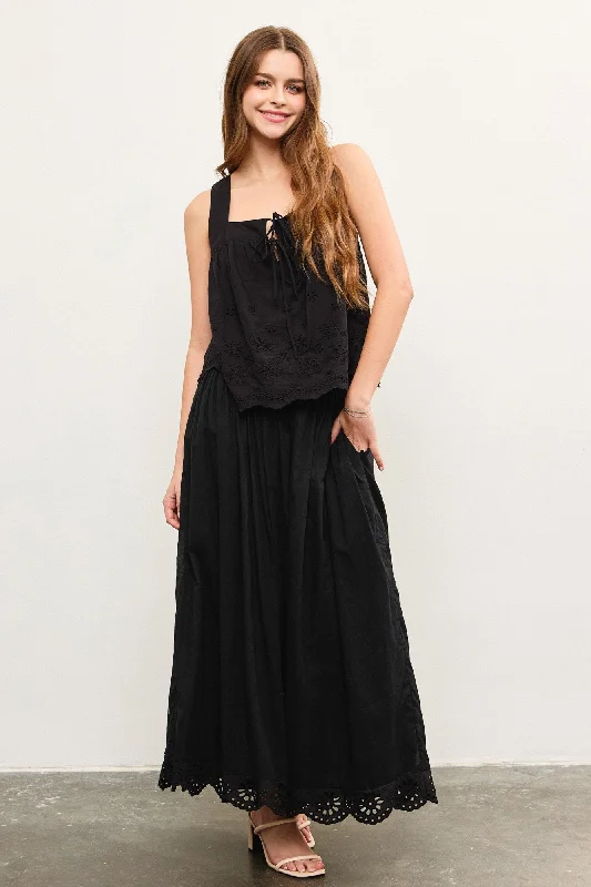 Holiday Special Offers Black Smocked Waist Eyelet Lace Hem Maxi Skirt