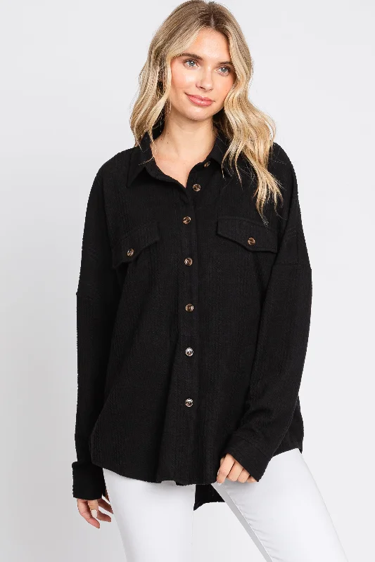 Women's Plus-Size Clothes Black Textured Button Front Collared Top