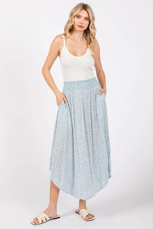 Trendy Women's Apparel Light Blue Floral Smocked Waist Skirt