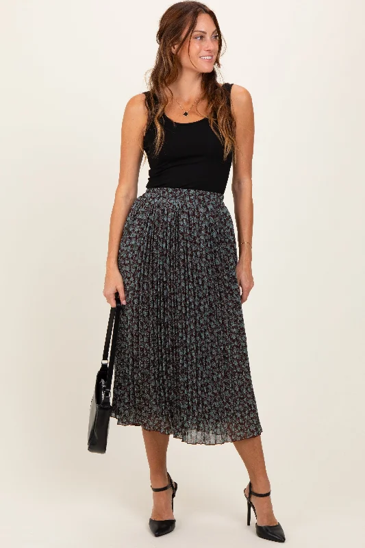 Extreme Clearance Deals Brown Floral Print Chiffon Pleated Midi Skirt