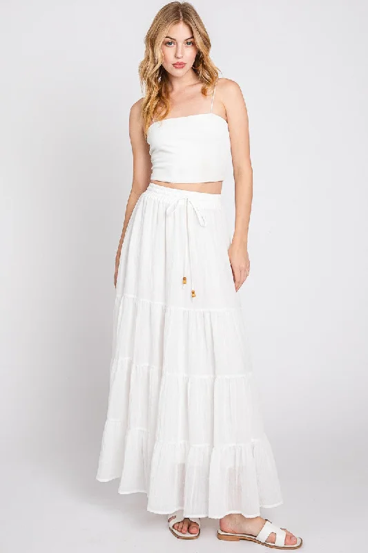 Best Online Clothing Boutiques White Drawstring Tiered Maxi Skirt