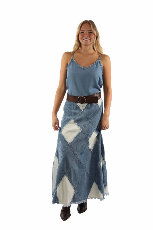 Women's Trendy Casual Outfit Scully Womens Acid Wash Diamond Panels Blue 100% Cotton Skirt XL