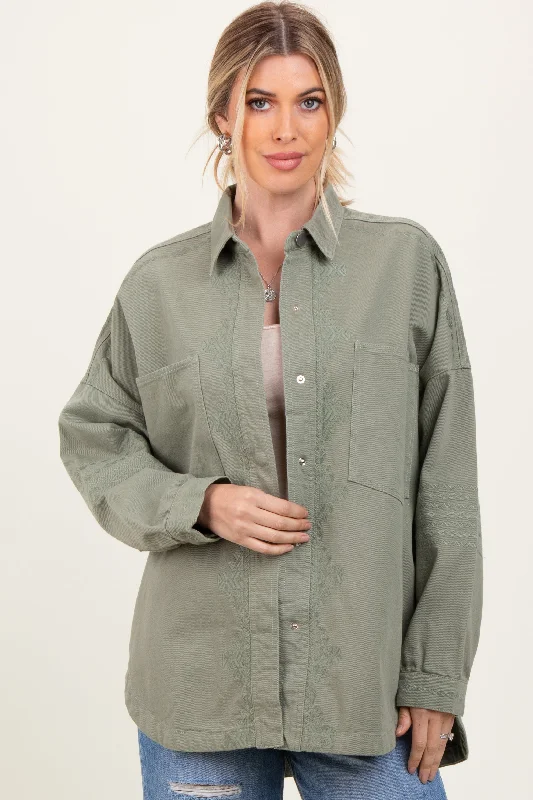 Women's Casual Apparel For Weekends Light Olive Embroidered Snap Button Shirt Jacket