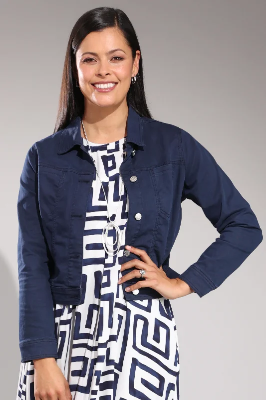 Women's Vintage-Inspired Clothing Stretch Coloured Cotton Crop Jacket | NAVY | 6921A1