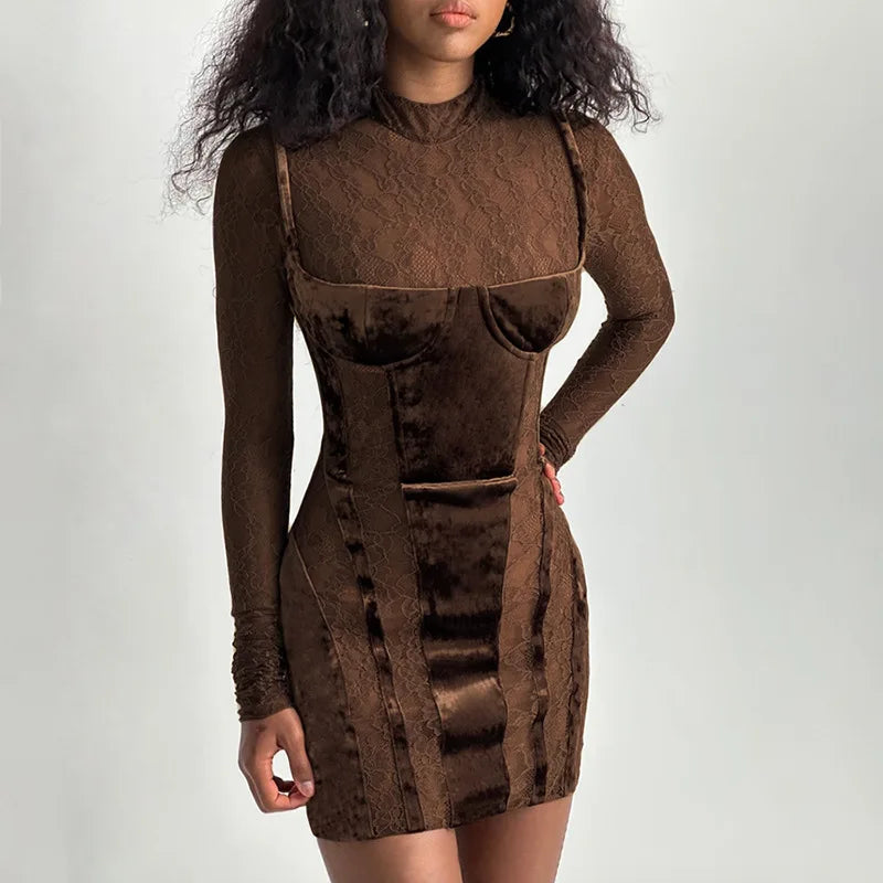 Online Boutique Clothing Lace Patchwork Slim Bodycon Autumn Winter Nightclub Sexy Party Mini Dress