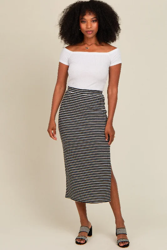 Women's Clothes for All-Day Comfort and Style Black Striped Fitted Side Slit Midi Skirt